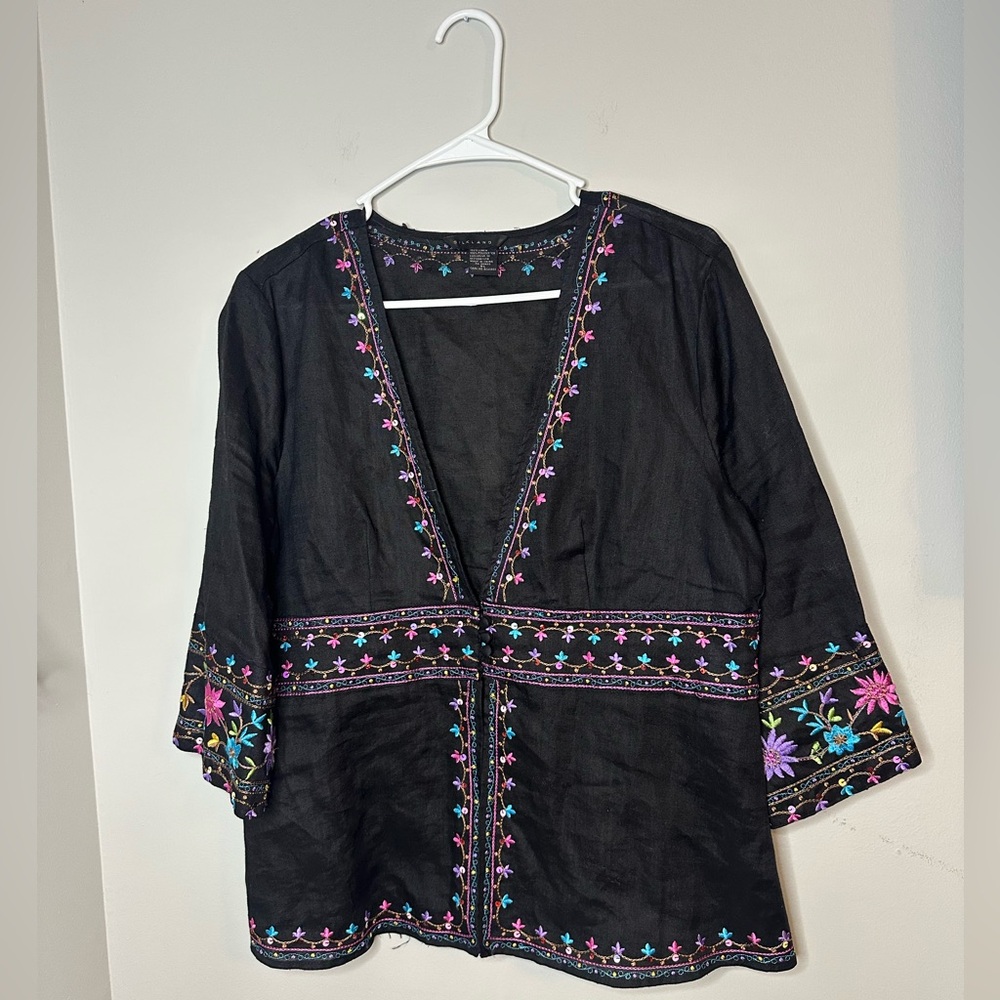 SilkLand Linen Black Blouse with Multicolor Embroidery Womens size X-LARGE - Picture 1 of 6
